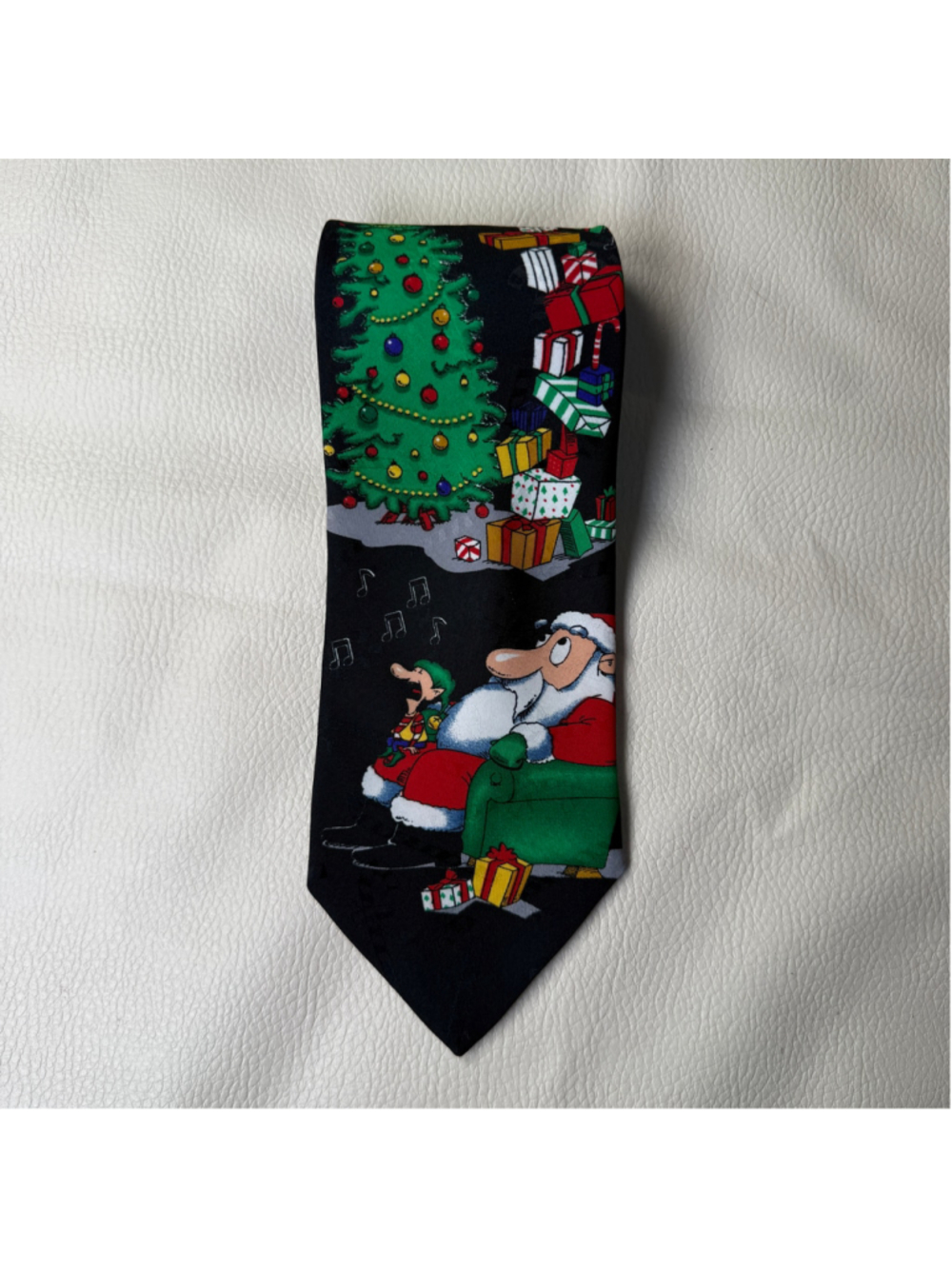 Vintage Hallmark Yule Tie Greetings Santa Elf Christmas Tree Necktie Made USA